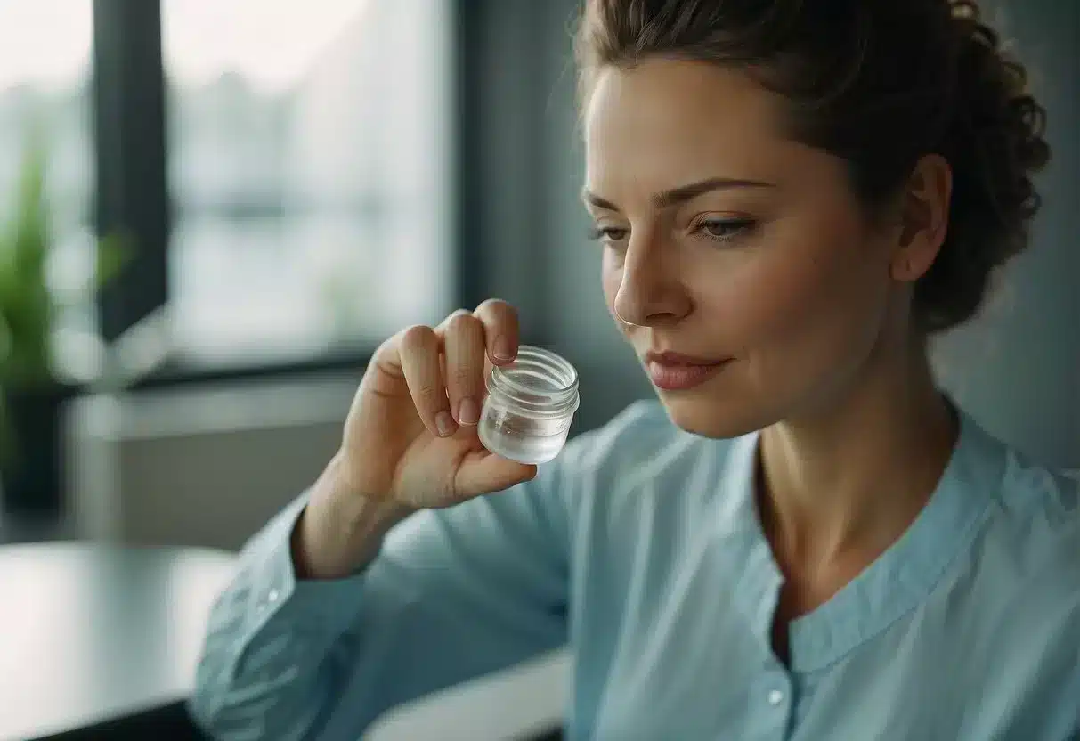 A woman takes a probiotic supplement, feeling her body adjust to the new bacteria. She experiences improved digestion and overall health