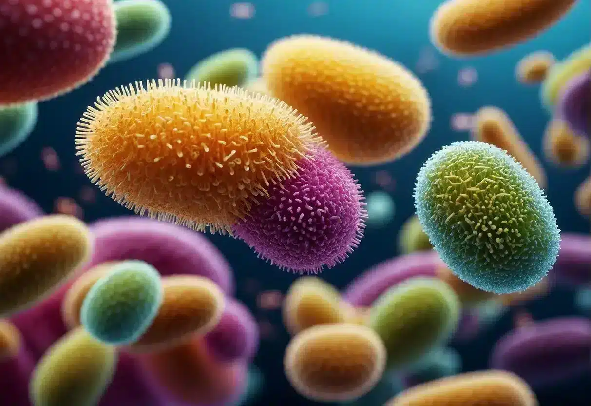 A colorful array of diverse bacteria thriving in a vibrant, nutrient-rich environment, symbolizing the health benefits of probiotics