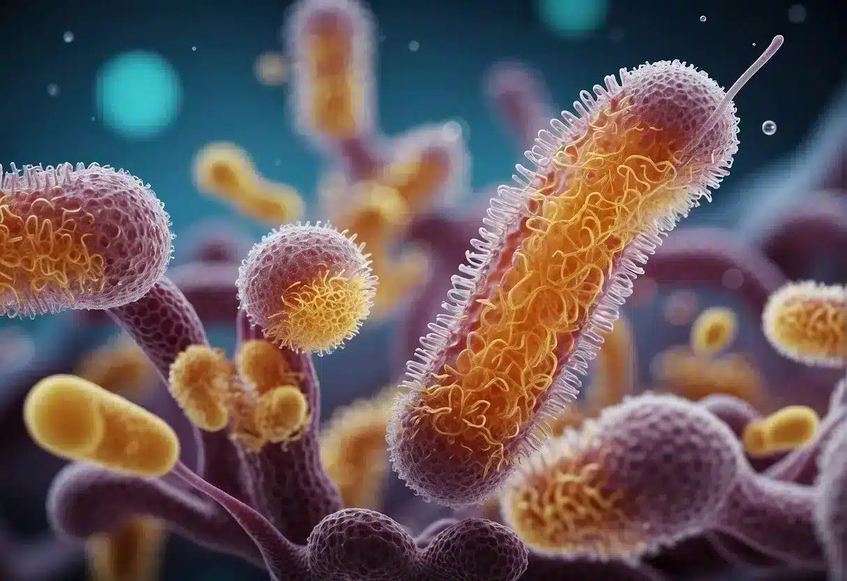 A group of probiotic bacteria adjusting to a new environment, surrounded by various factors influencing their efficacy