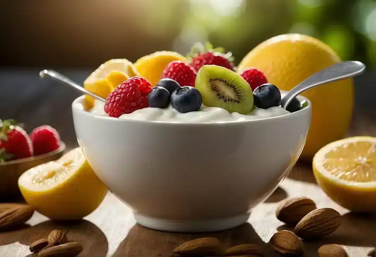 A bowl of Activia yogurt with a spoon, surrounded by images of healthy gut bacteria and scientific research articles