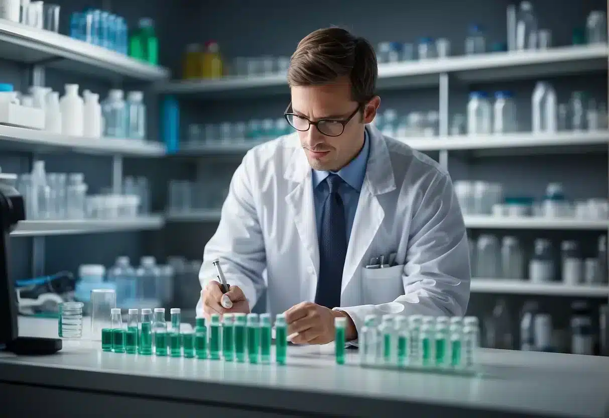 A laboratory setting with shelves of probiotic products, a researcher reviewing safety guidelines, and a microscope for analysis