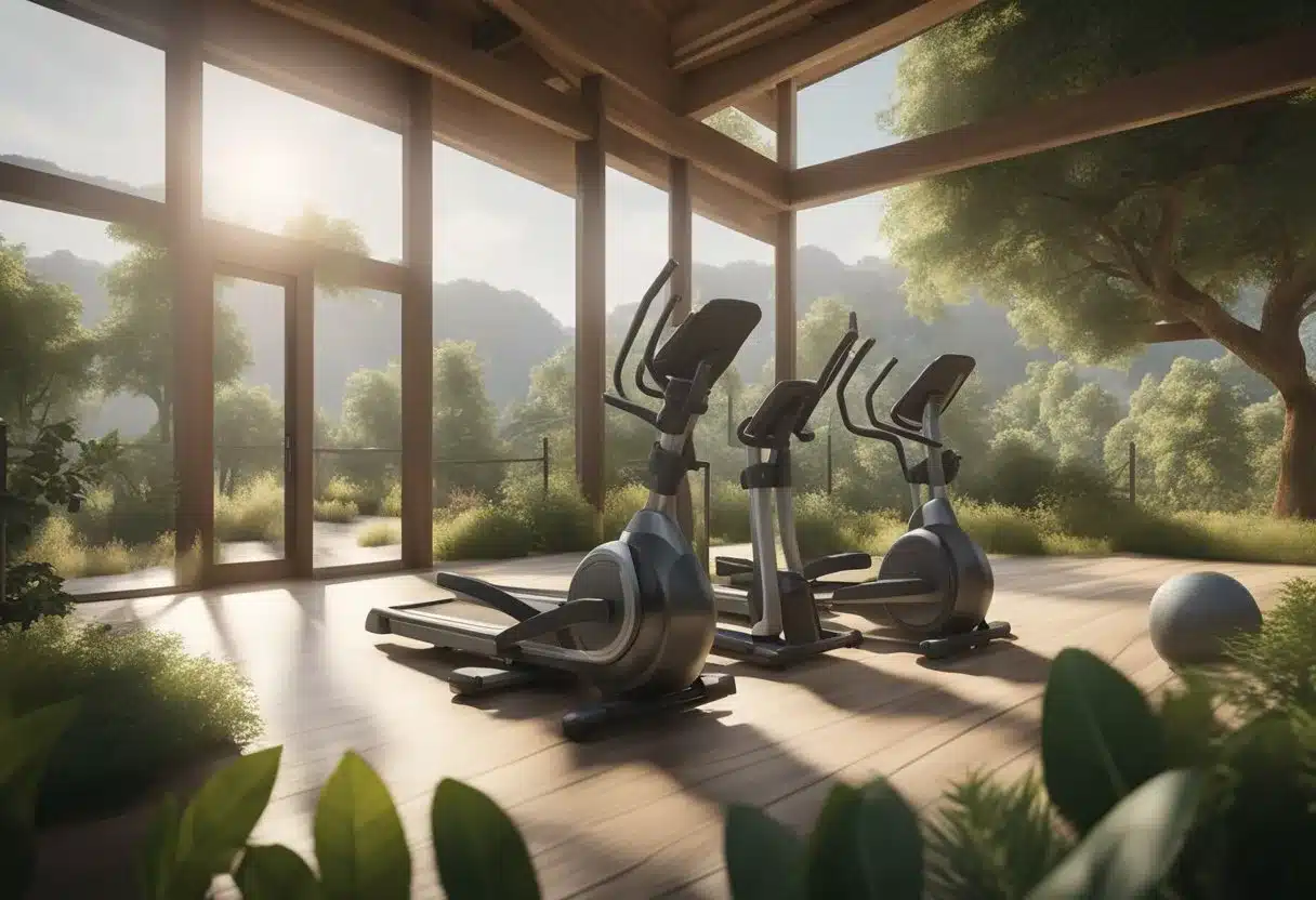 A serene natural setting with exercise equipment, healthy food, and a calm environment symbolizing mental wellness