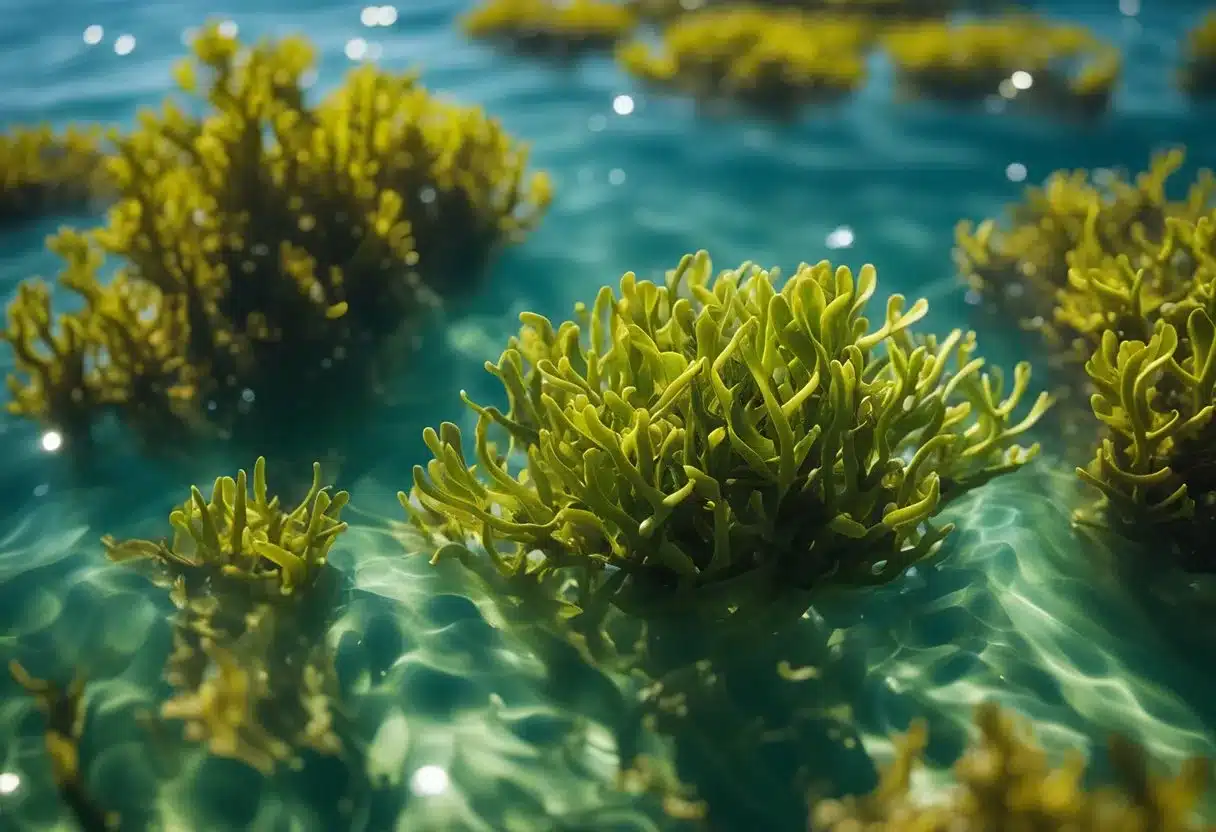 Bladderwrack floats in clear ocean water, surrounded by small fish and seaweed. The sun shines down, casting dappled light on the vibrant green and brown seaweed