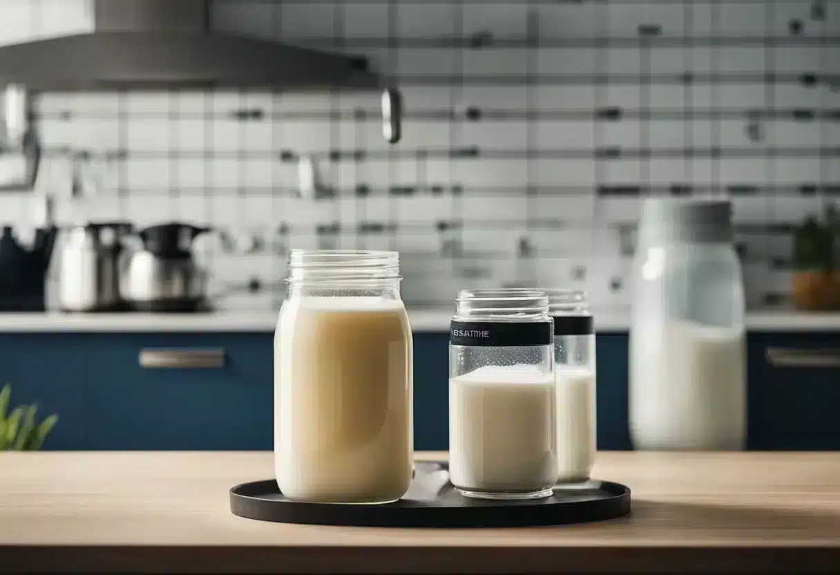 A jar of creatine powder sits on a kitchen counter, next to a glass of water. A calendar on the wall shows daily use