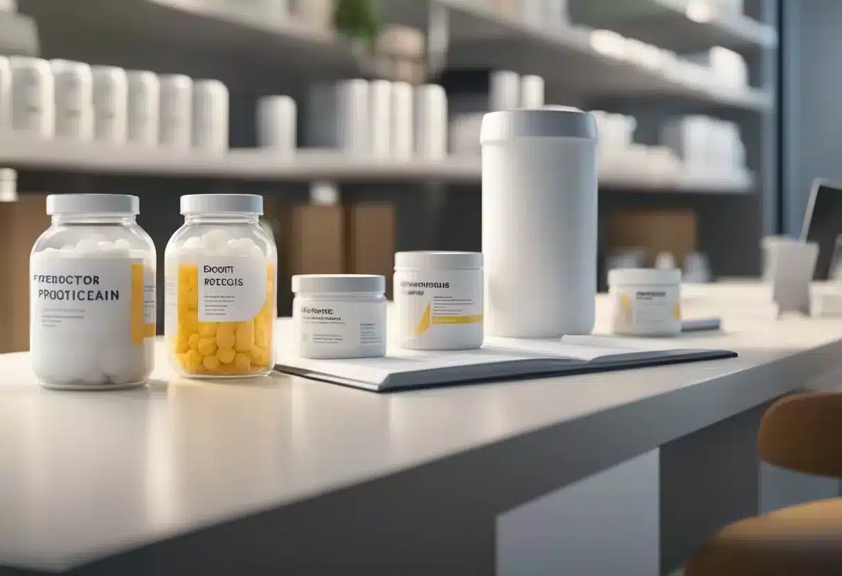 A doctor adding probiotics to treatment plan. Bottles of probiotics on desk. Patient files in background. Bright, welcoming office space