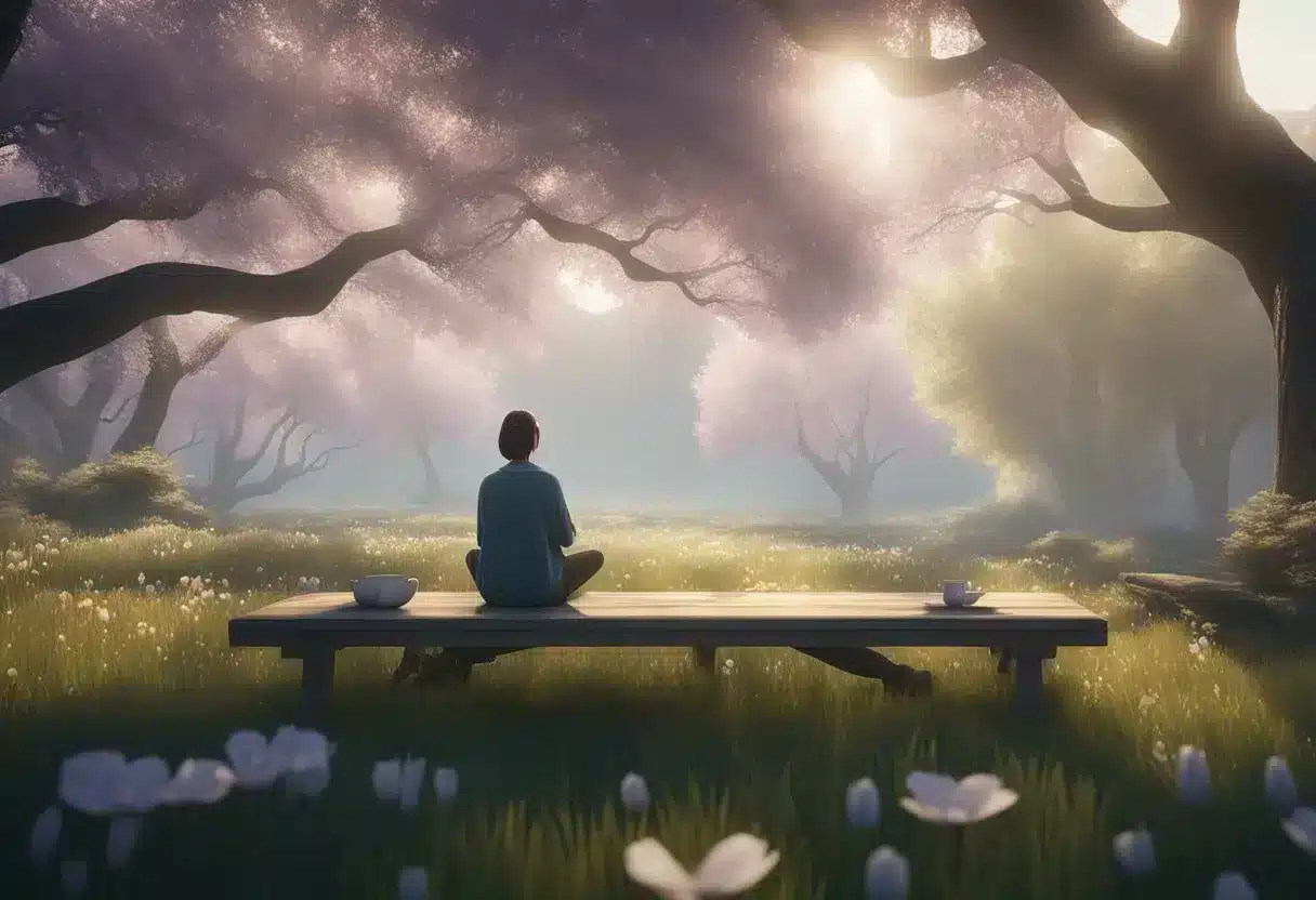 A serene, peaceful setting with a personified representation of depression and anxiety being soothed by probiotics