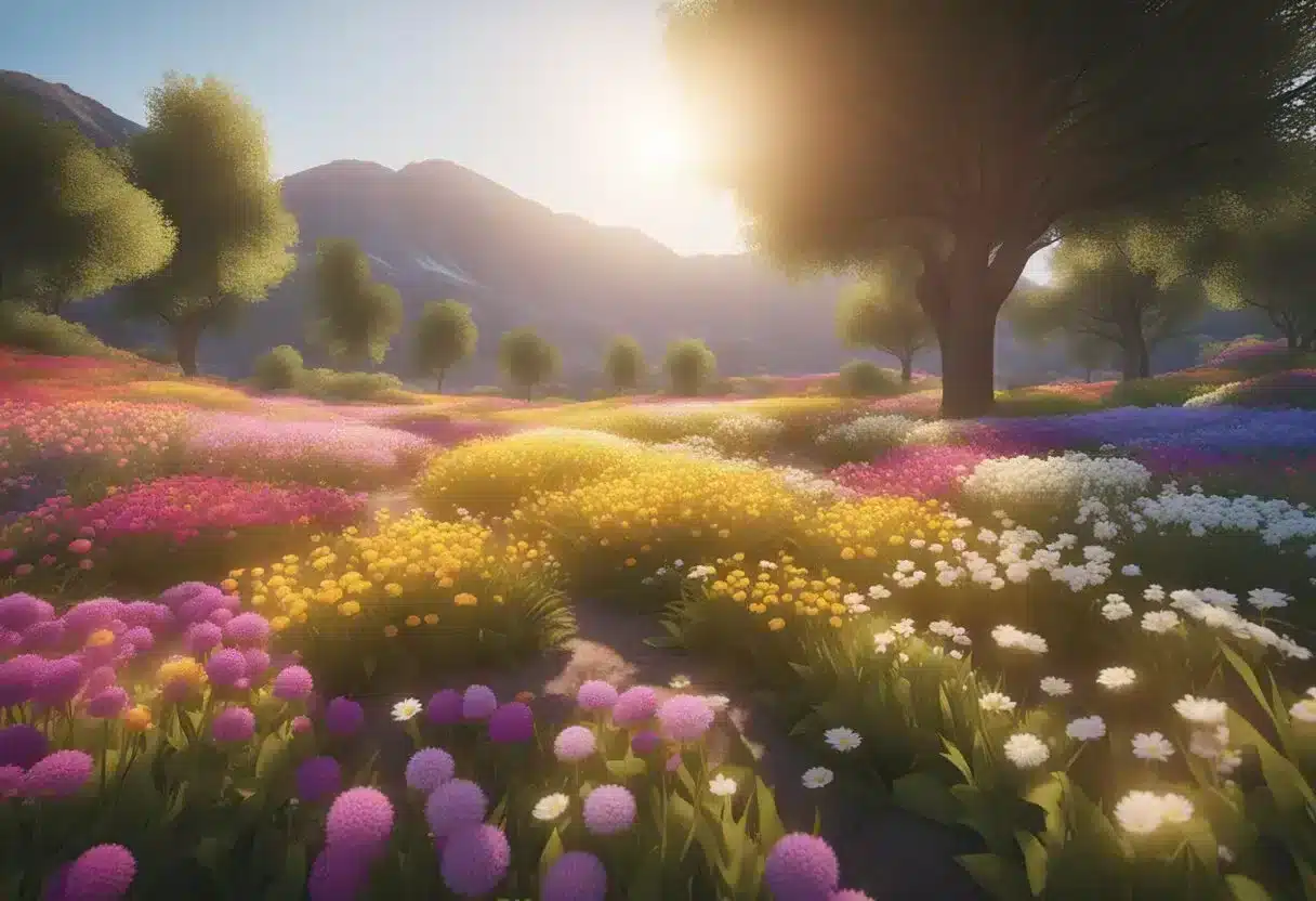 A serene landscape with a bright sun shining over a field of colorful flowers, symbolizing hope and positivity for mental health