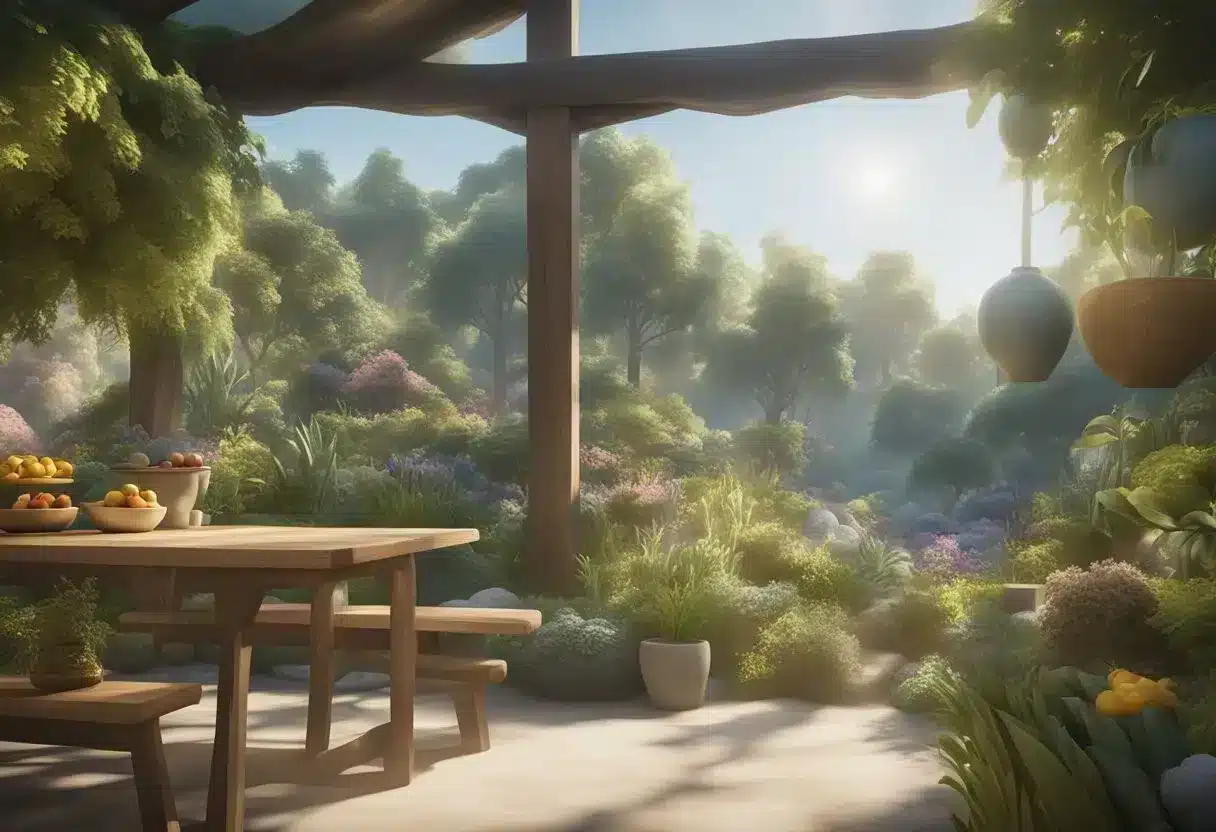 A serene natural setting with colorful, diverse flora and fauna, including a variety of healthy foods and supplements, all surrounded by a calming, peaceful atmosphere