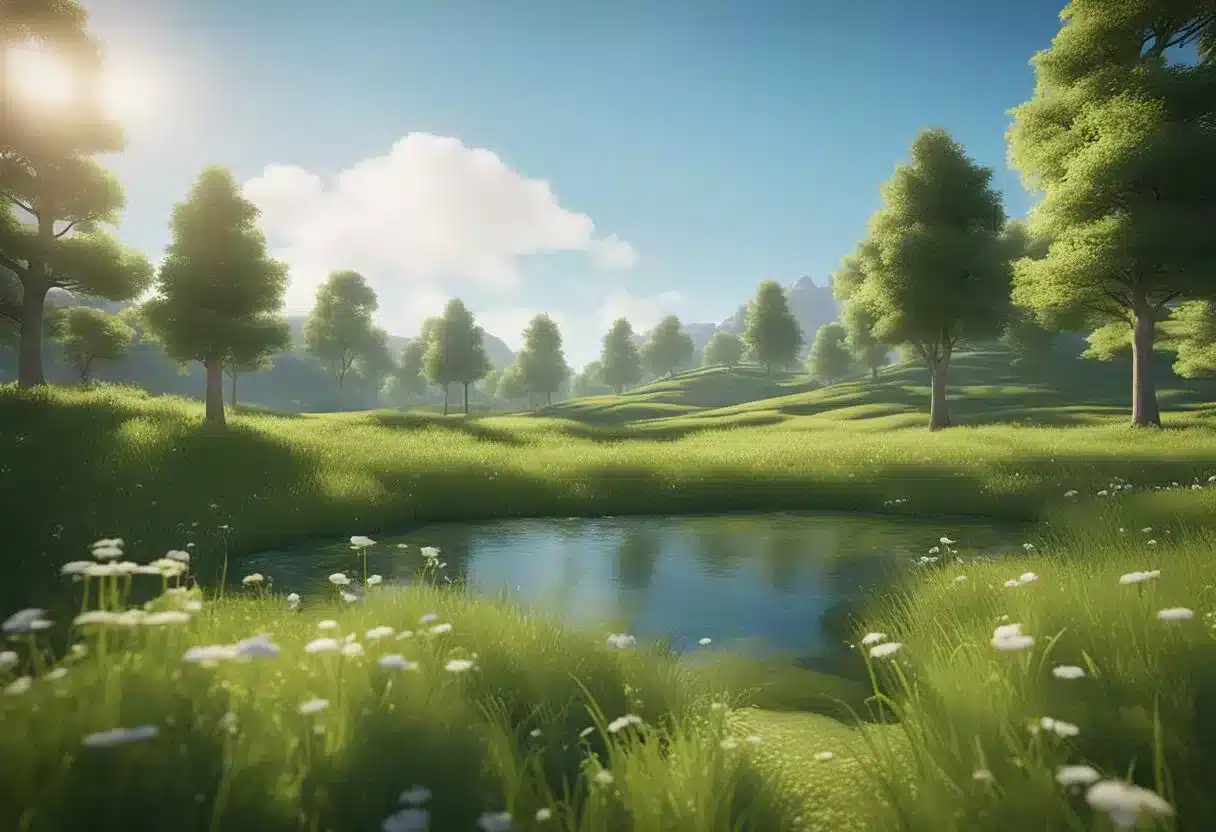 A serene, green landscape with a clear blue sky, featuring a peaceful and content atmosphere