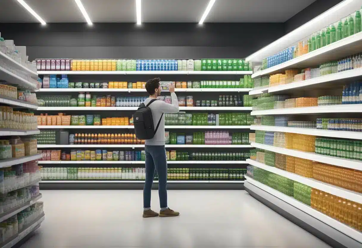 A person selects a bottle of probiotics from a shelf in a well-lit store, with a prominent "Best for Depression and Anxiety" label