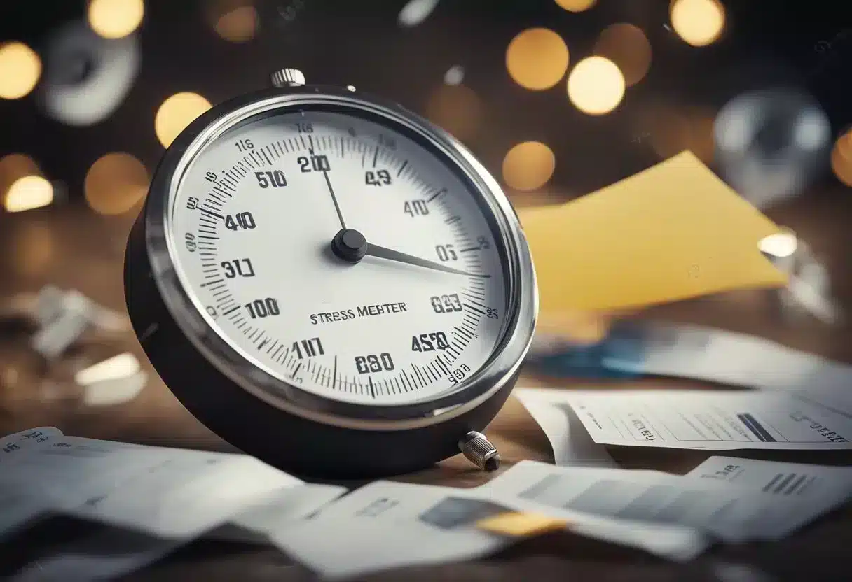 A stress meter beeping and flashing, surrounded by scattered papers and a ticking clock