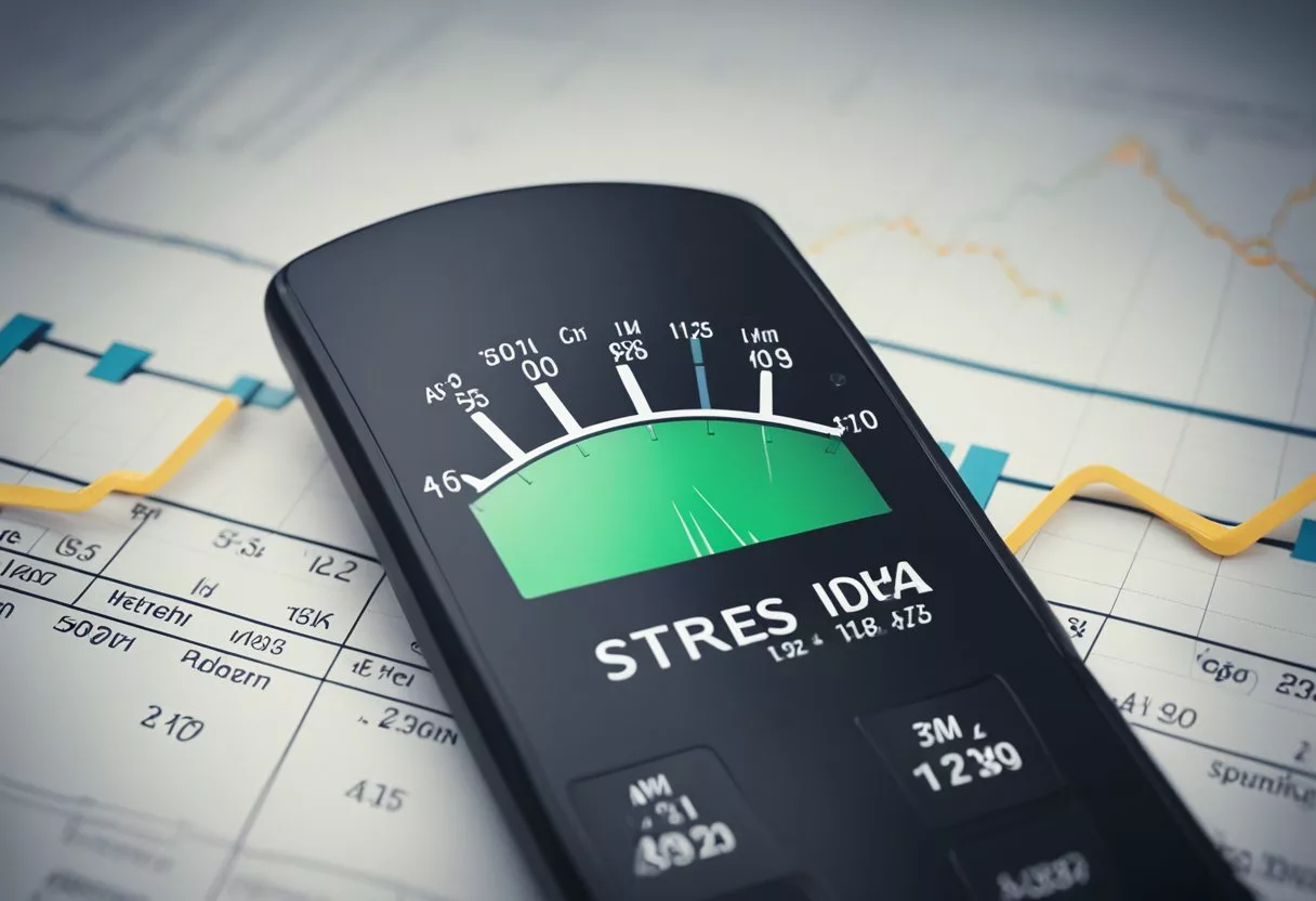 A stress level measuring device displays a fluctuating graph, with peaks and valleys indicating varying levels of stress