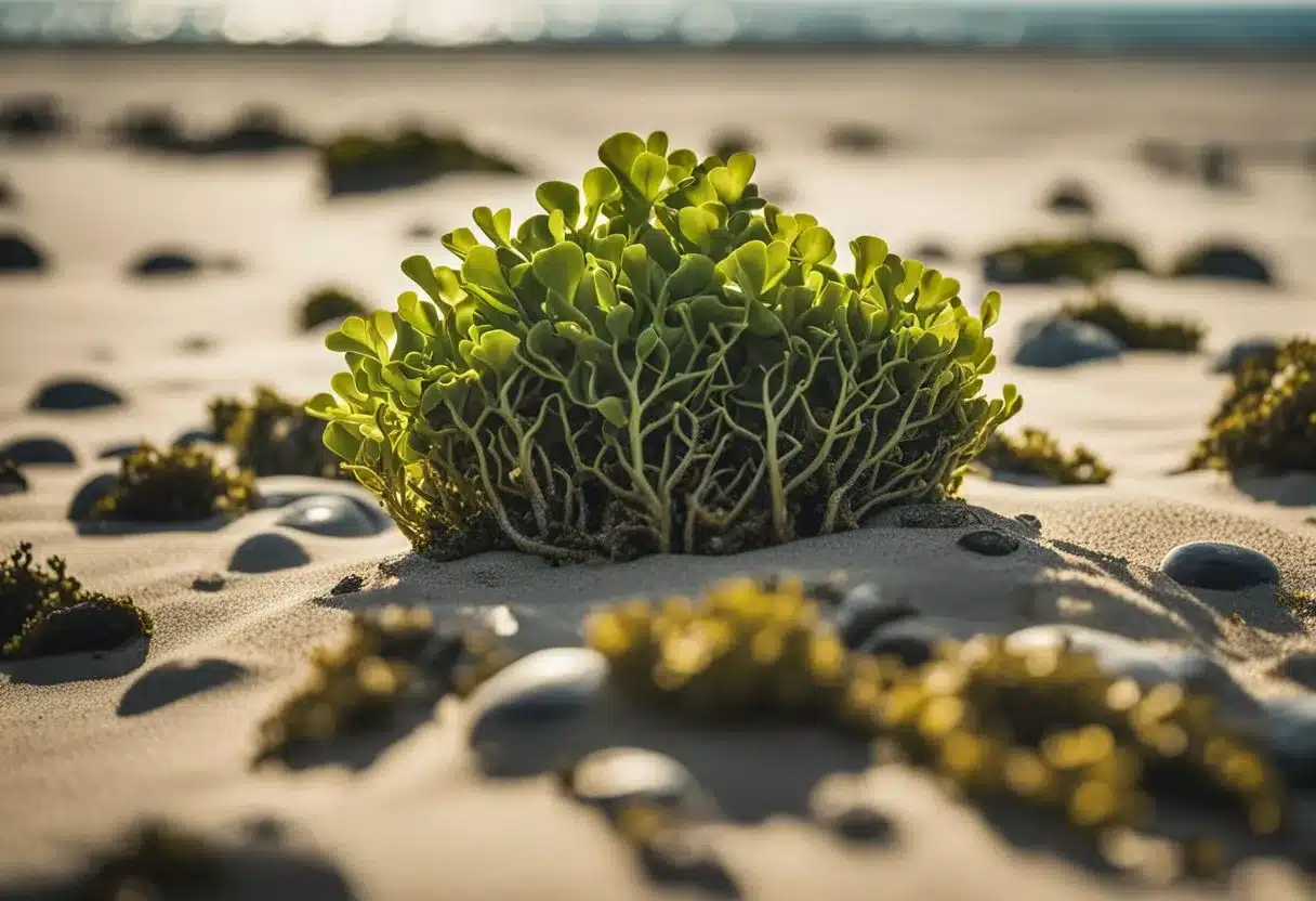 Bladderwrack benefits: Illustrate a beach scene with seaweed and a clear blue sky. Side effects: Illustrate a warning label with caution symbols