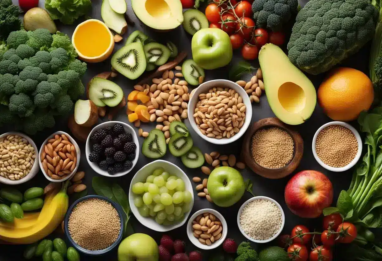 A table filled with healthy, nutrient-dense foods: lean proteins, whole grains, colorful fruits and vegetables, and healthy fats