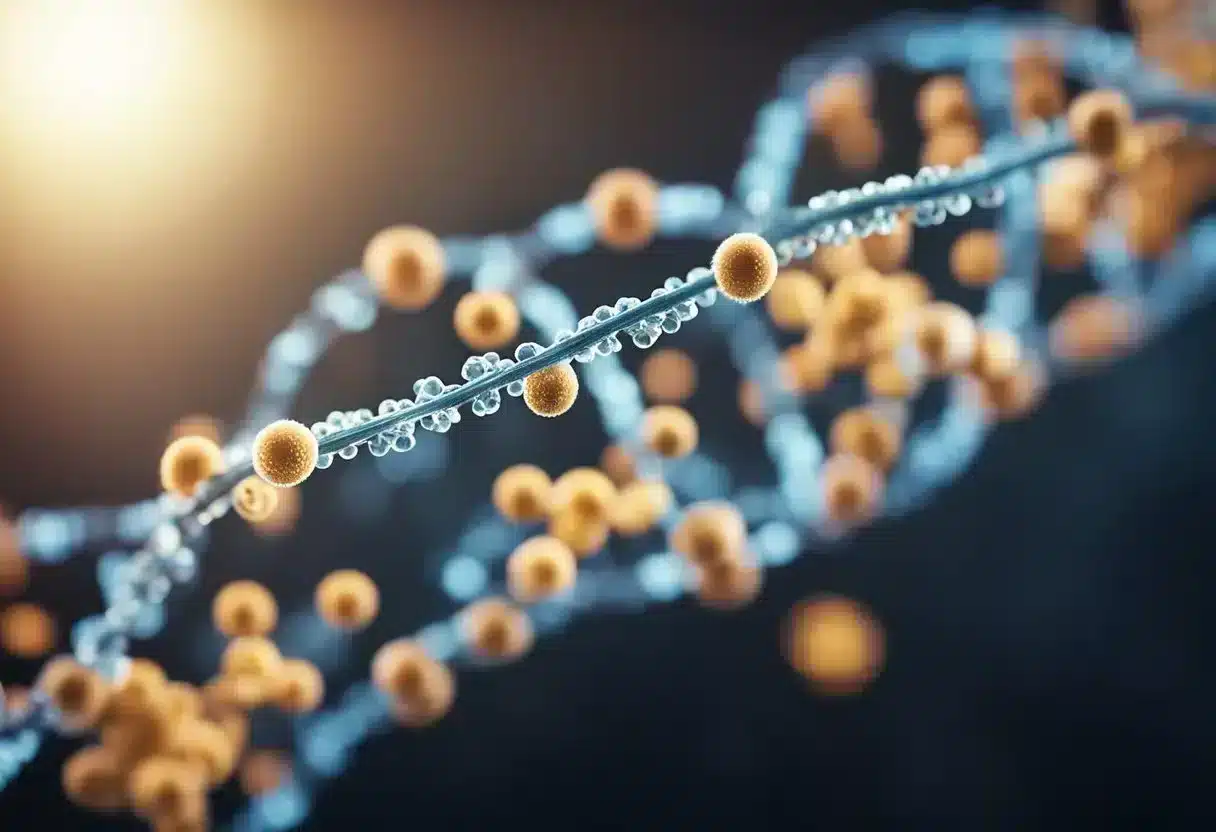 Methylation alters gene expression. Show DNA strand with methyl groups attached. No human subjects or body parts