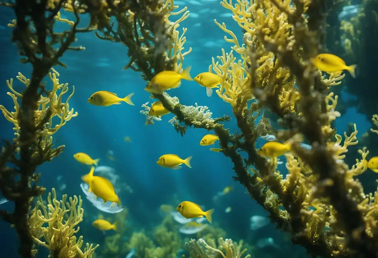 Bladderwrack floats in clear blue water, surrounded by small fish and colorful seaweed. The sunlight shines through the water, illuminating the vibrant marine life