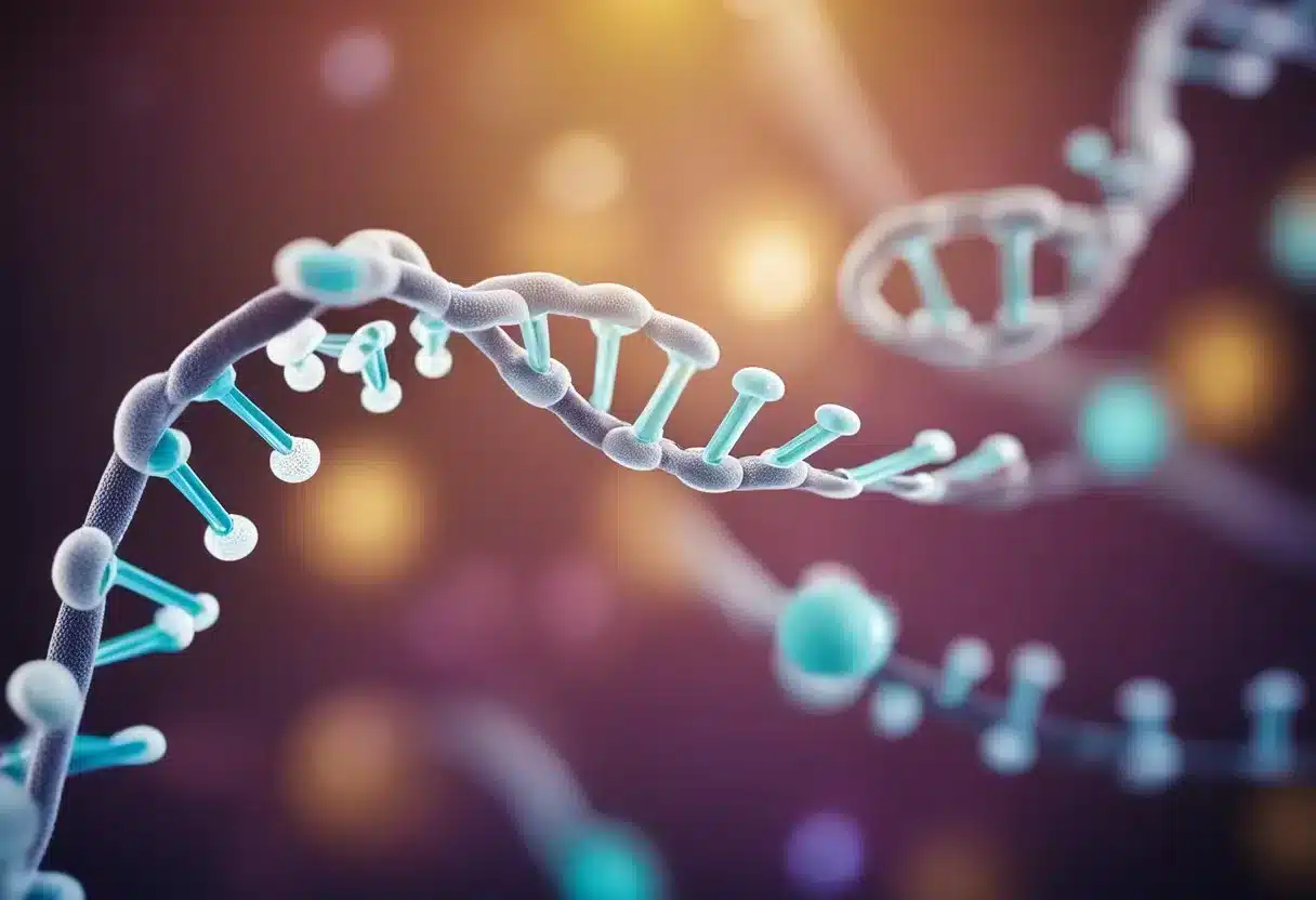 Methylation process shown with DNA strand and methyl group attaching to it. Epigenetic changes visible in gene expression