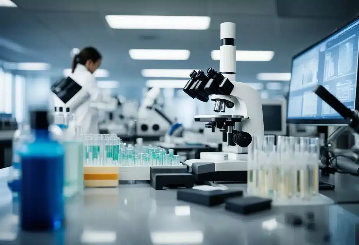 A scientist examines histone methylation patterns under a microscope, surrounded by research papers and lab equipment