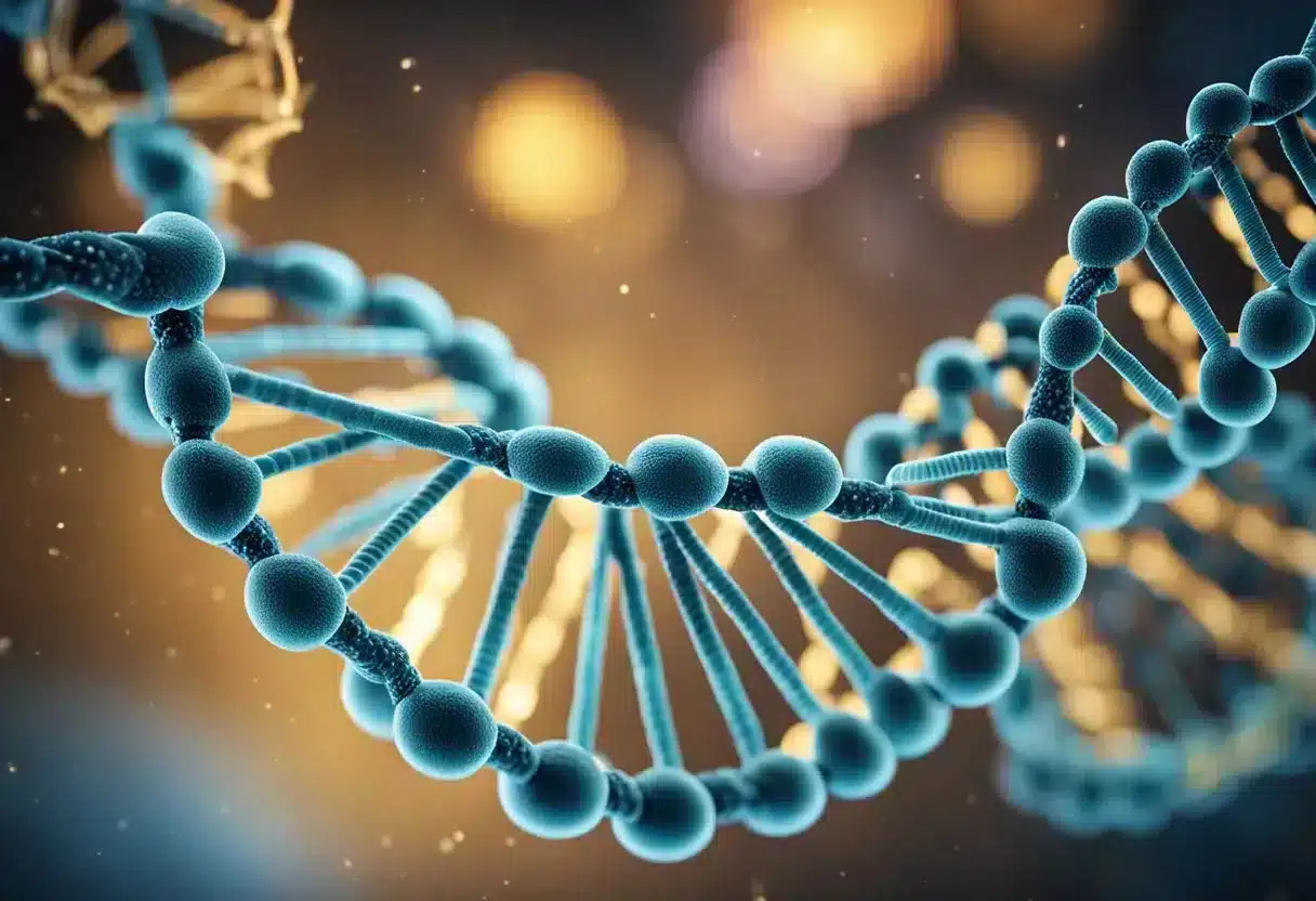 A DNA strand being modified by histone methylation enzymes, with visible changes in the structure and patterns of the DNA