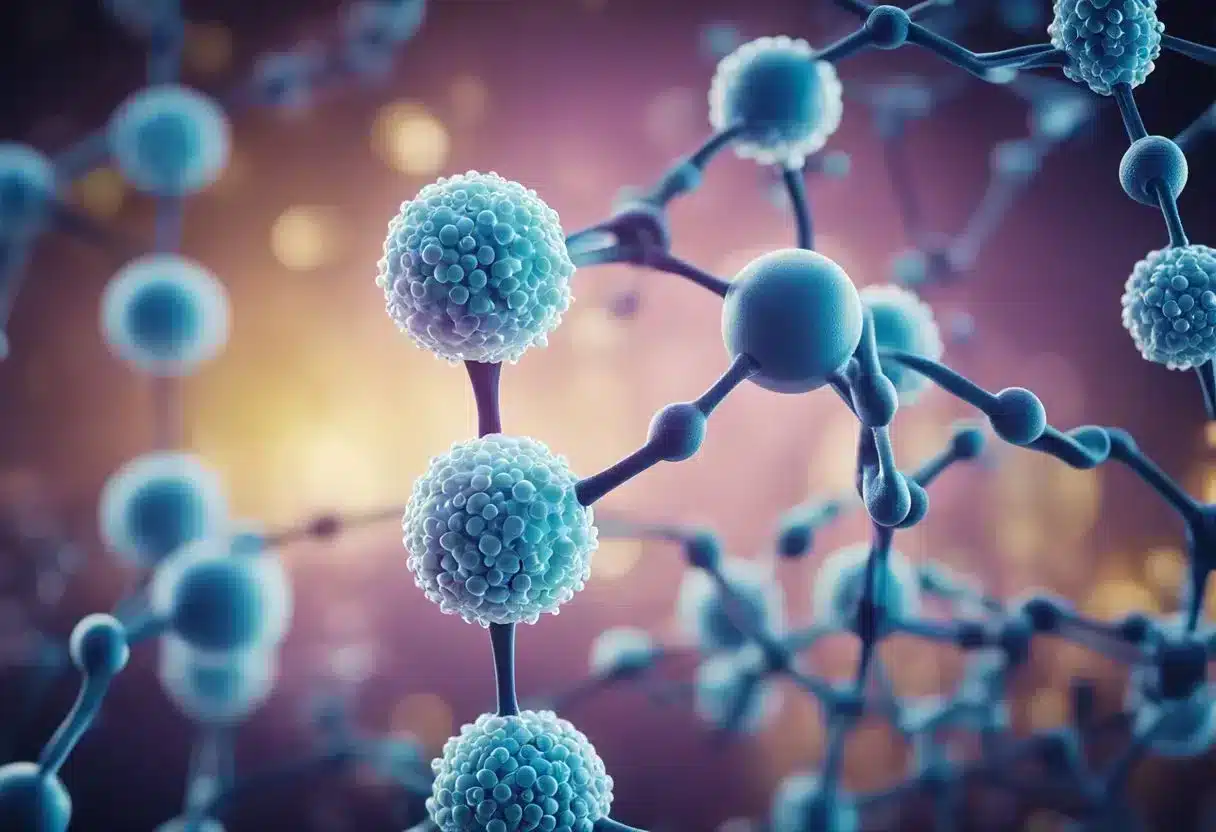 Histone methylation process illustrated with chemical structures and disease pathology in background