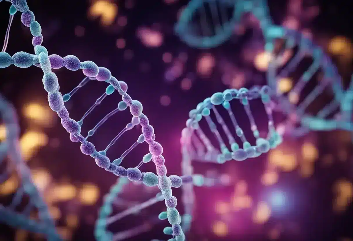 DNA strands being modified by methyl groups, leading to abnormal cell growth and cancer development
