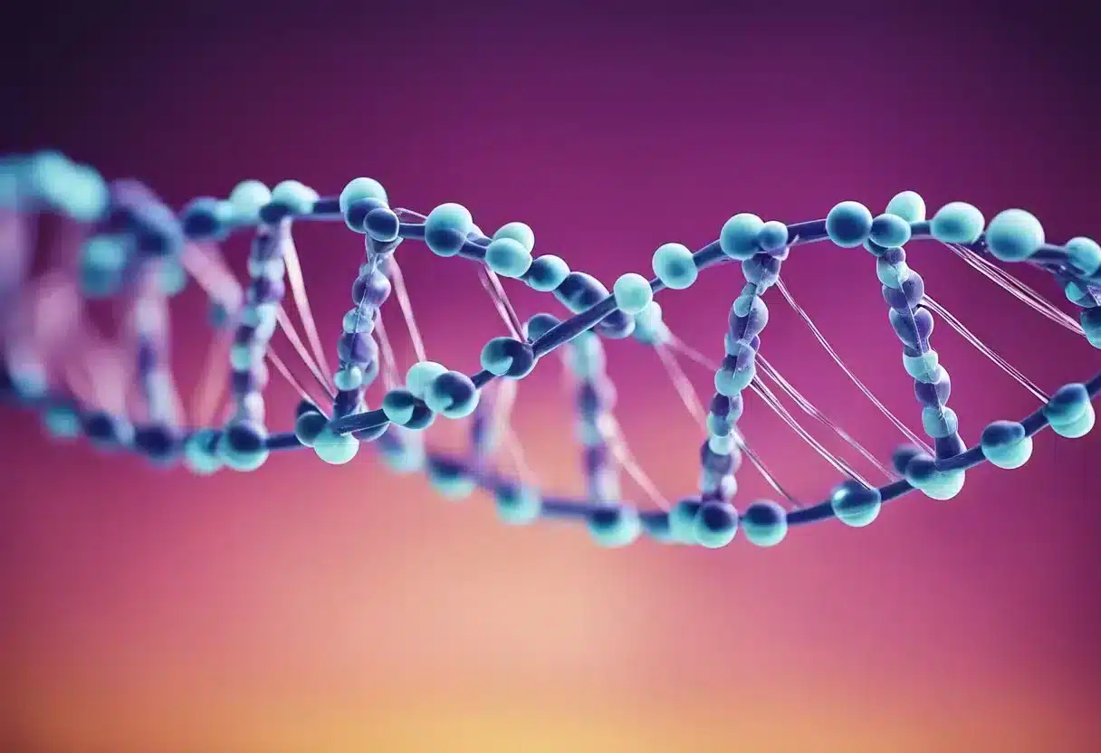 A DNA strand unwinds, revealing methylated regions. Targeted drugs bind to these sites, blocking cancerous gene expression