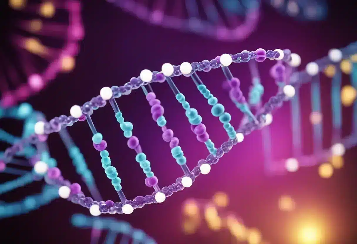 DNA strands twist and coil, with methyl groups attaching to specific nucleotides. A cancer cell shows abnormal methylation patterns