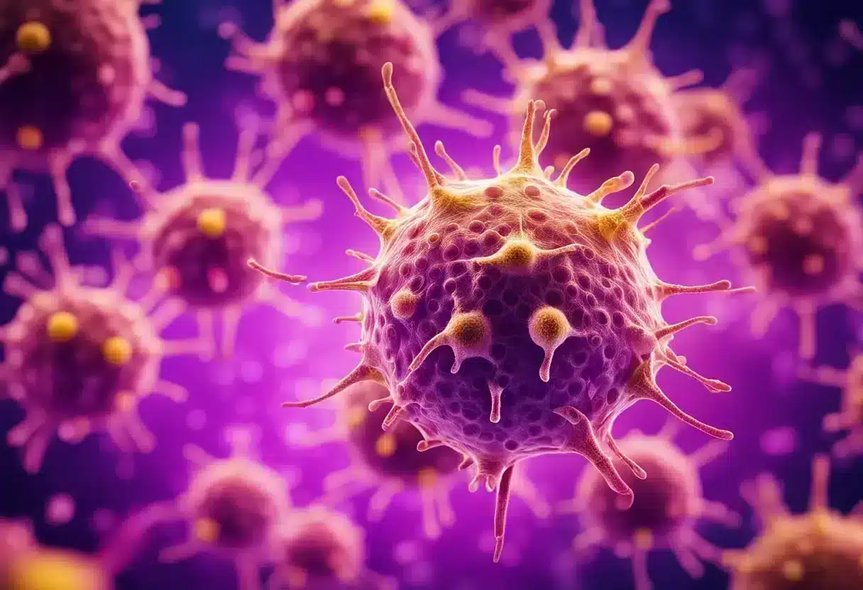 Cancer cells with distinct methylation patterns, highlighted in vibrant colors, spreading and infiltrating healthy tissue