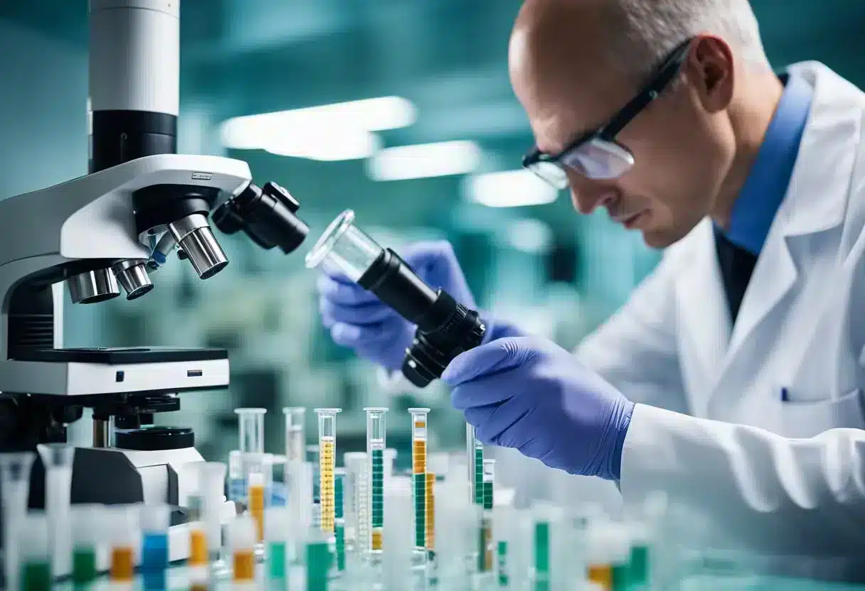 Methylation and cancer FAQ: A scientist surrounded by research papers and test tubes, examining DNA strands under a microscope