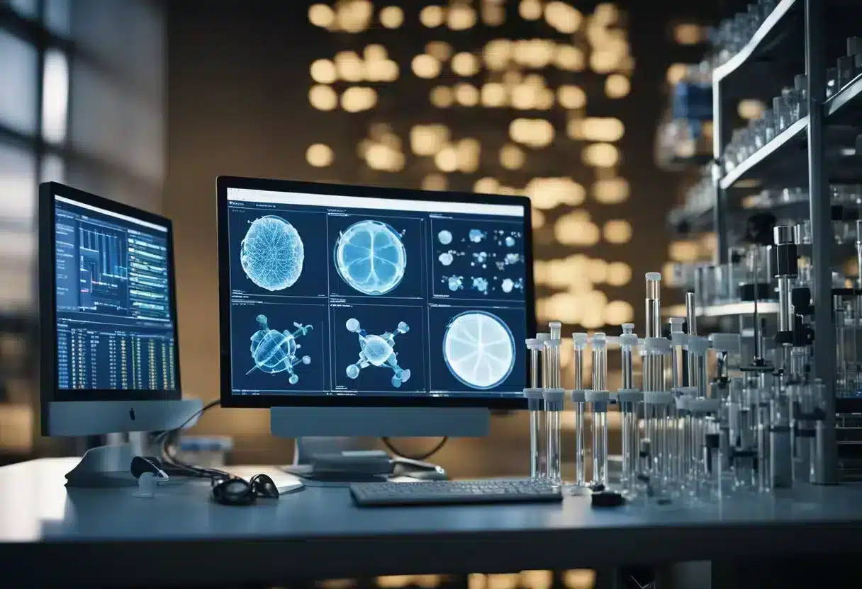 A lab setting with test tubes, microscopes, and DNA sequences on a computer screen. A researcher is analyzing data related to methylation and cancer
