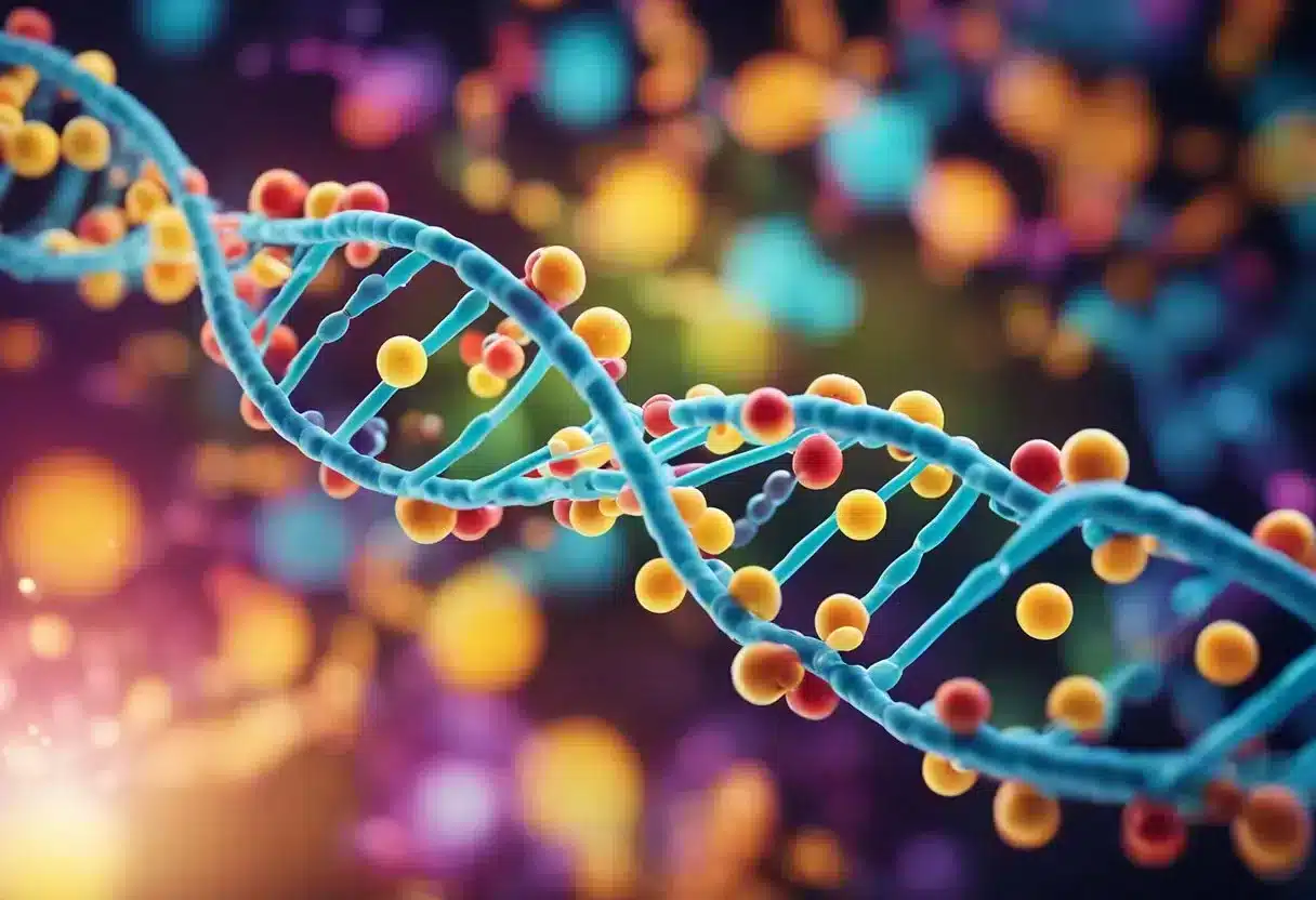 Various nutrients and compounds interacting with DNA strands, impacting methylation processes. Bright colors and swirling patterns depict the complex biochemical interactions