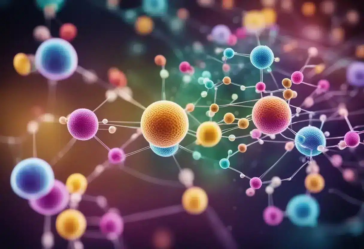 A colorful diagram showing the process of methylation in a cell, with various nutrients and enzymes involved in the process