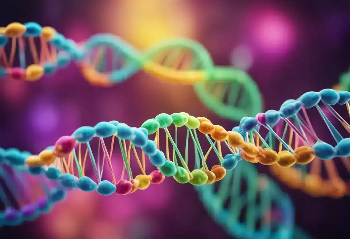 A colorful strand of DNA unwinds, with methyl groups attaching to specific gene regions, influenced by various nutrients in the environment
