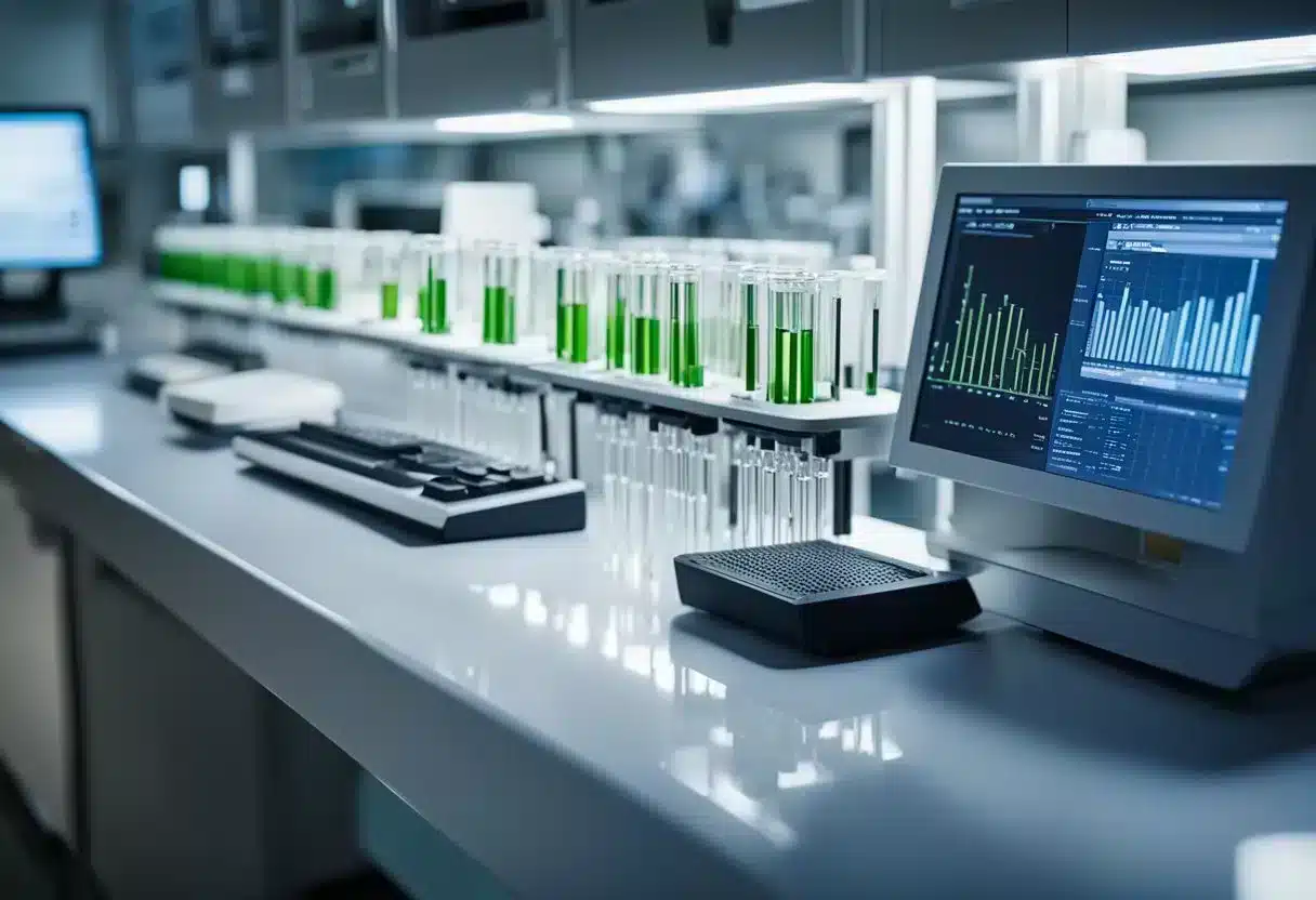 A lab bench with test tubes, pipettes, and a DNA sequencing machine. A computer displaying methylation data
