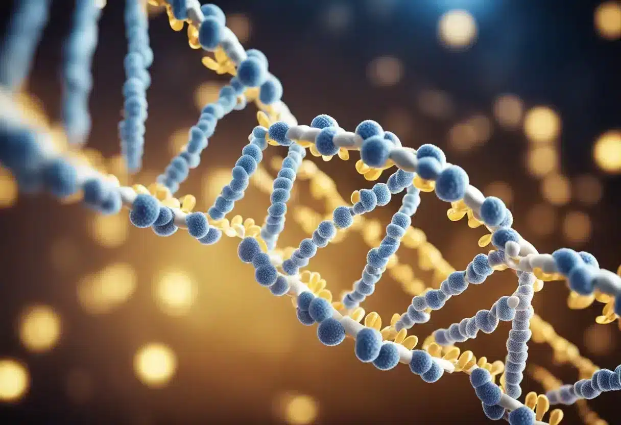 A DNA strand unwinds, as methyl groups attach to specific nucleotides, altering gene expression and contributing to the aging process