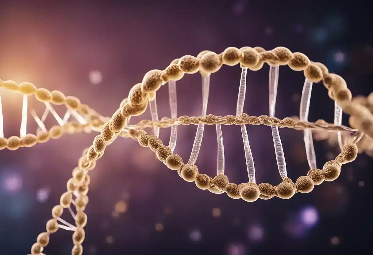 A DNA strand unwinds, with methyl groups attaching and detaching, showing age-related changes