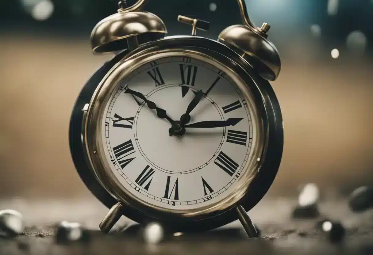 A clock ticking away, surrounded by fading symbols of youth and vitality. The hands of time leaving their mark on each passing moment