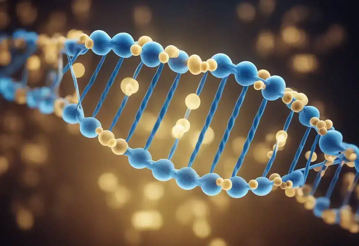 A DNA double helix unwinds, as methyl groups attach to specific cytosine bases, illustrating the process of DNA methylation and its role in aging