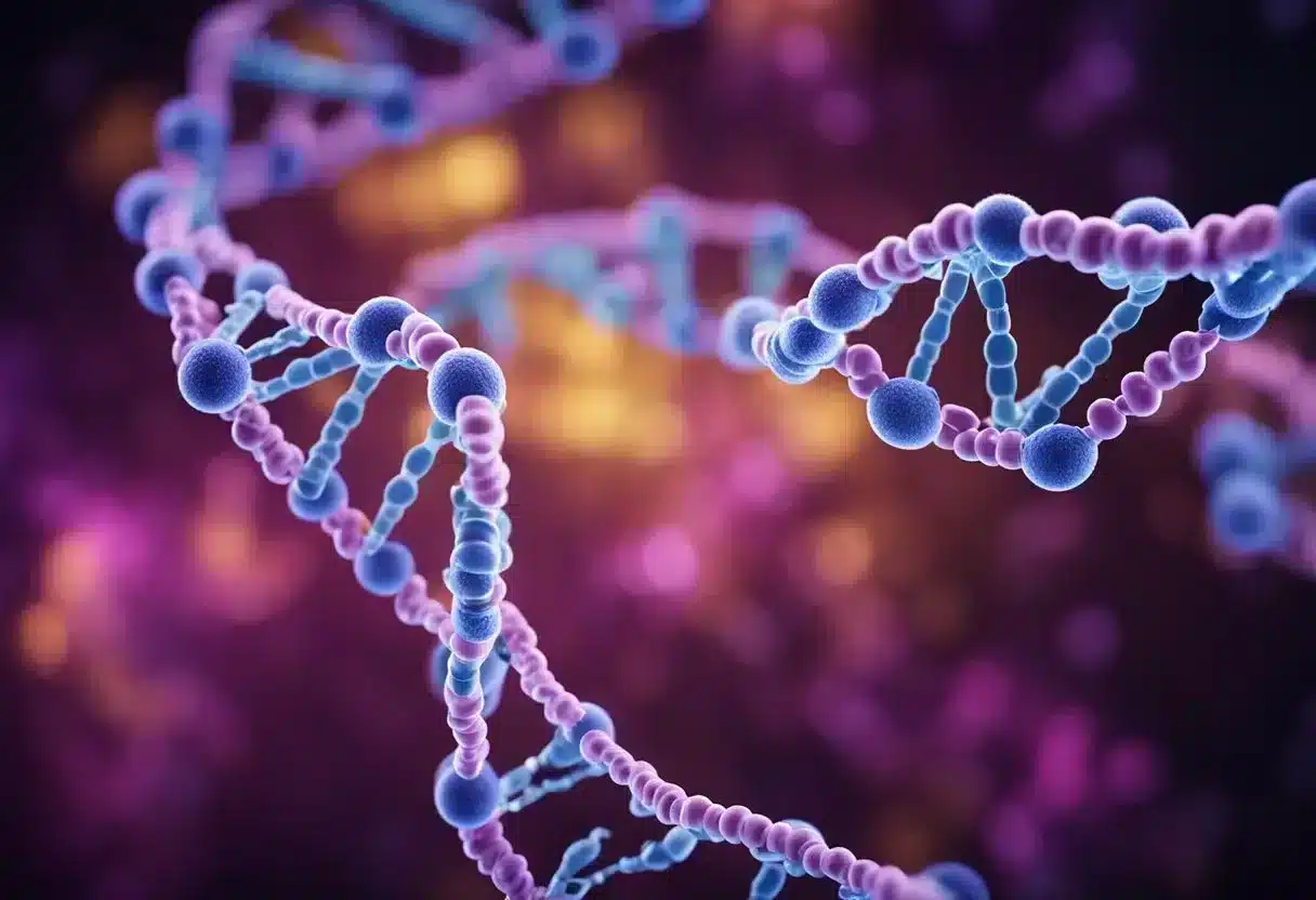 DNA strands being methylated and demethylated, with enzymes adding and removing methyl groups. The process occurring within the nucleus of a cell