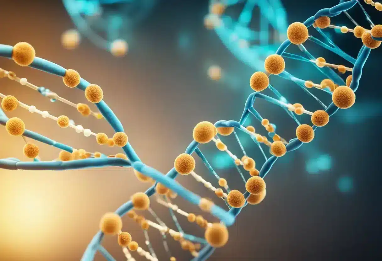 A DNA strand with chemical markers being added, showing the process of methylation and its relationship to aging