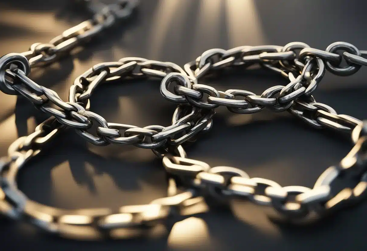 Forgiveness: two broken chains, one mended. Light shining through, symbolizing freedom from resentment and restoration of relationships
