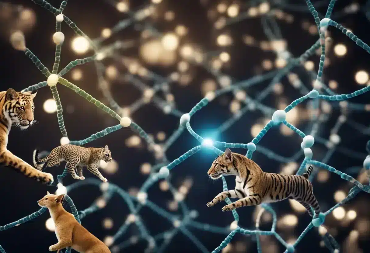 Various animals of different ages surrounded by DNA strands, with methylation patterns changing over time