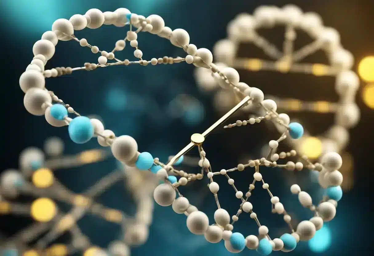A DNA strand being modified by methyl groups, with a clock or hourglass symbolizing aging