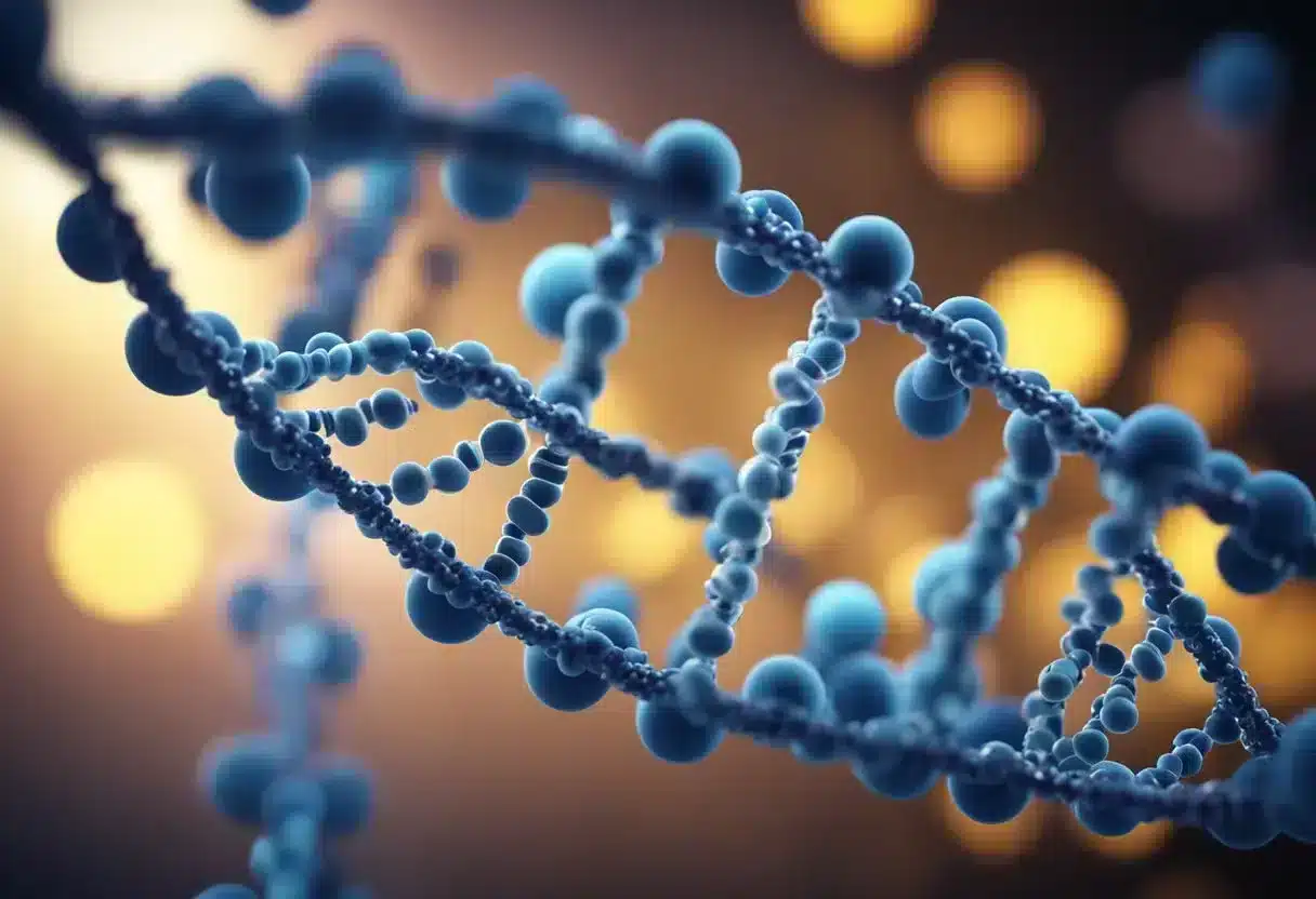 A DNA strand is being modified by a methyl group, while a variety of nutrient molecules are interacting with the DNA