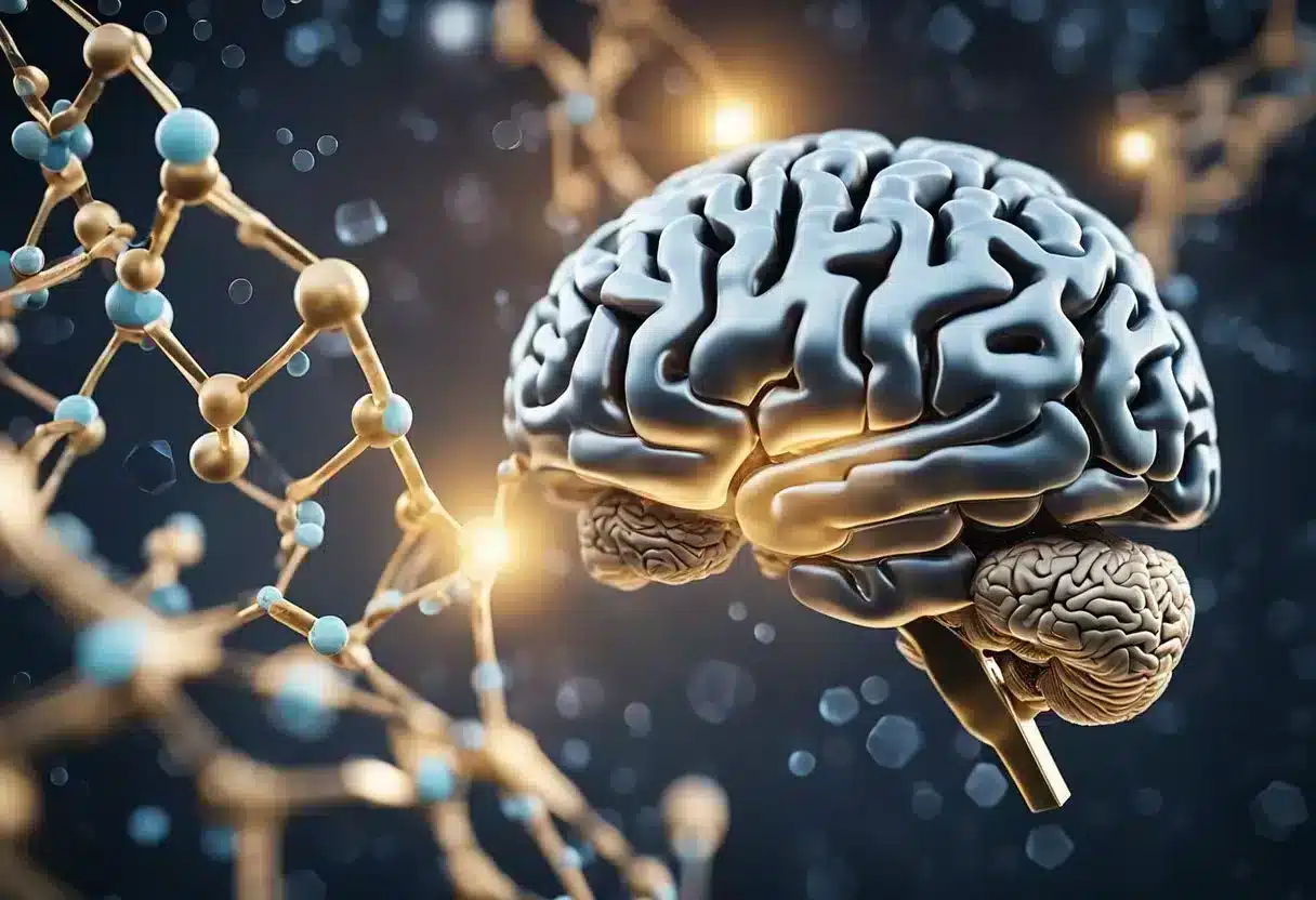 A brain with methyl groups attaching to DNA, affecting gene expression and mental health