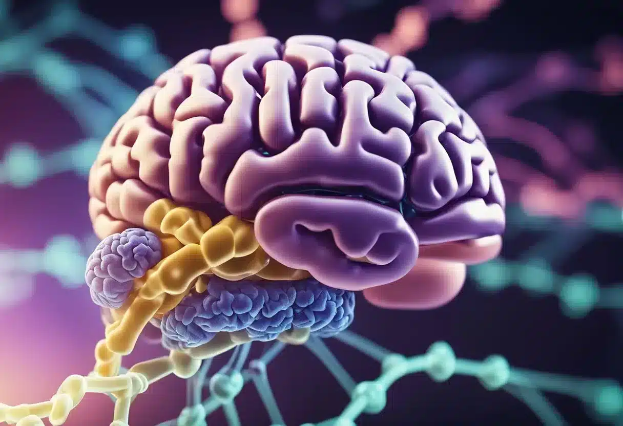 A brain with DNA strands being methylated, showing the link between methylation and mental health