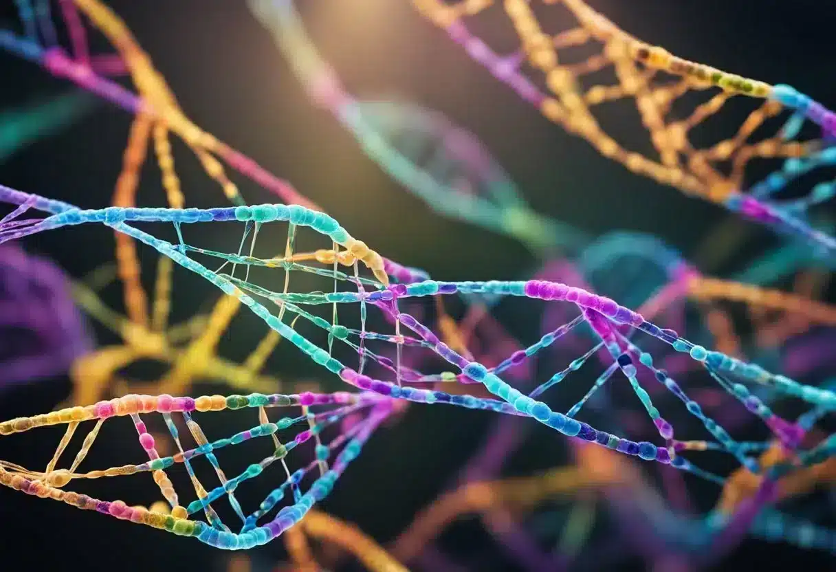 A tangled web of DNA strands with colorful methyl groups highlighting areas associated with mental health disorders