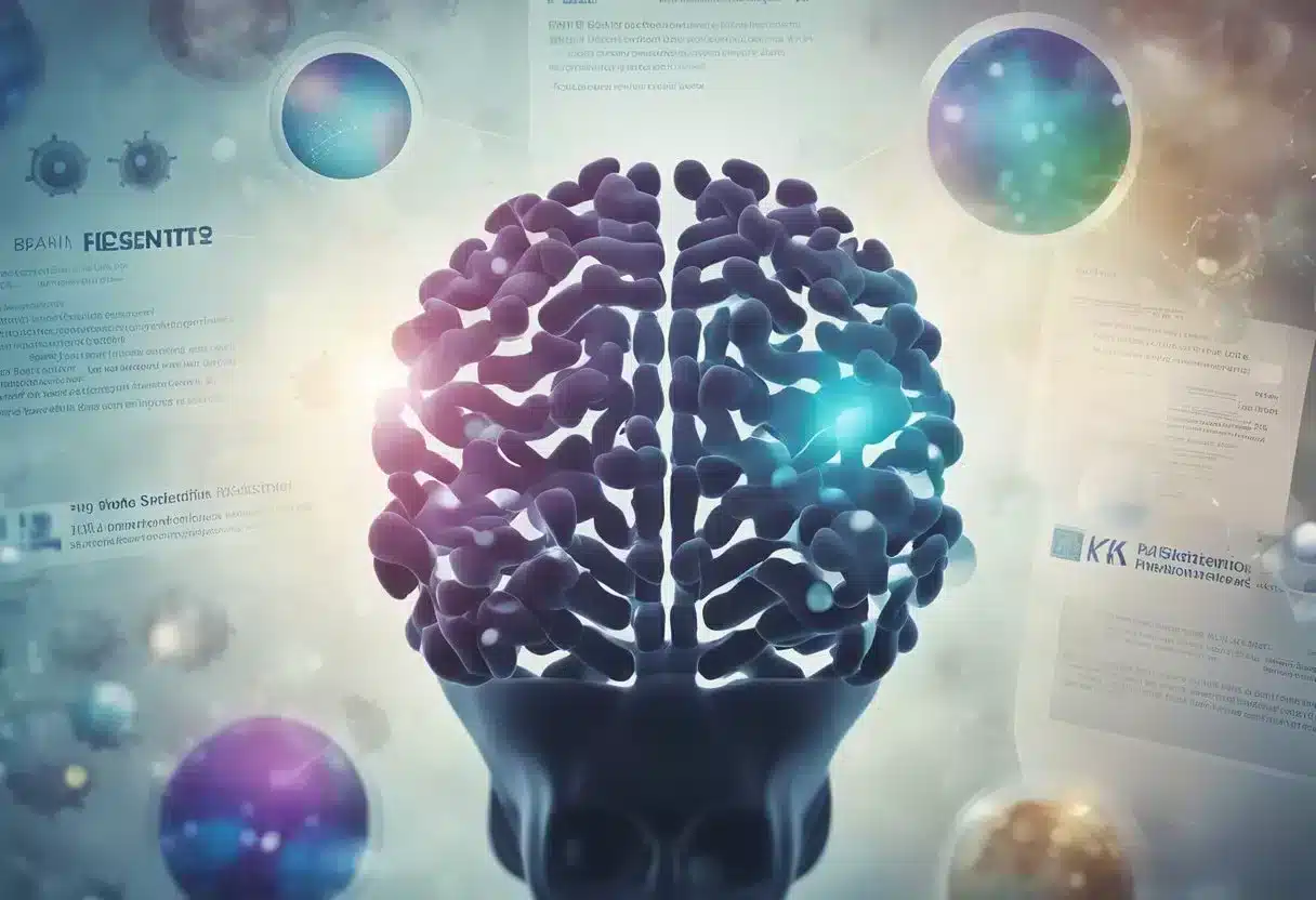A brain with DNA strands showing methylation patterns, surrounded by scientific research papers and brain imaging scans