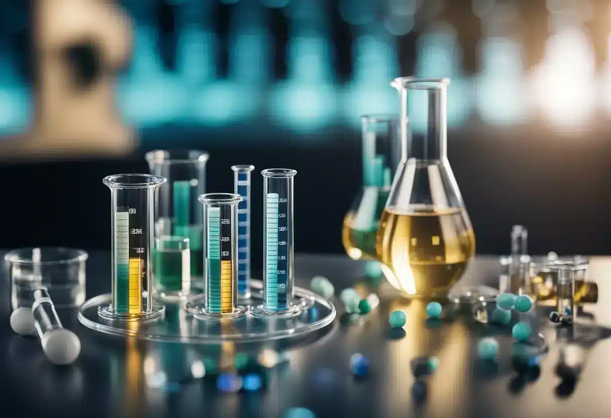 A lab setting with test tubes, beakers, and scientific equipment. A DNA strand and mental health symbols to represent methylation and mental health