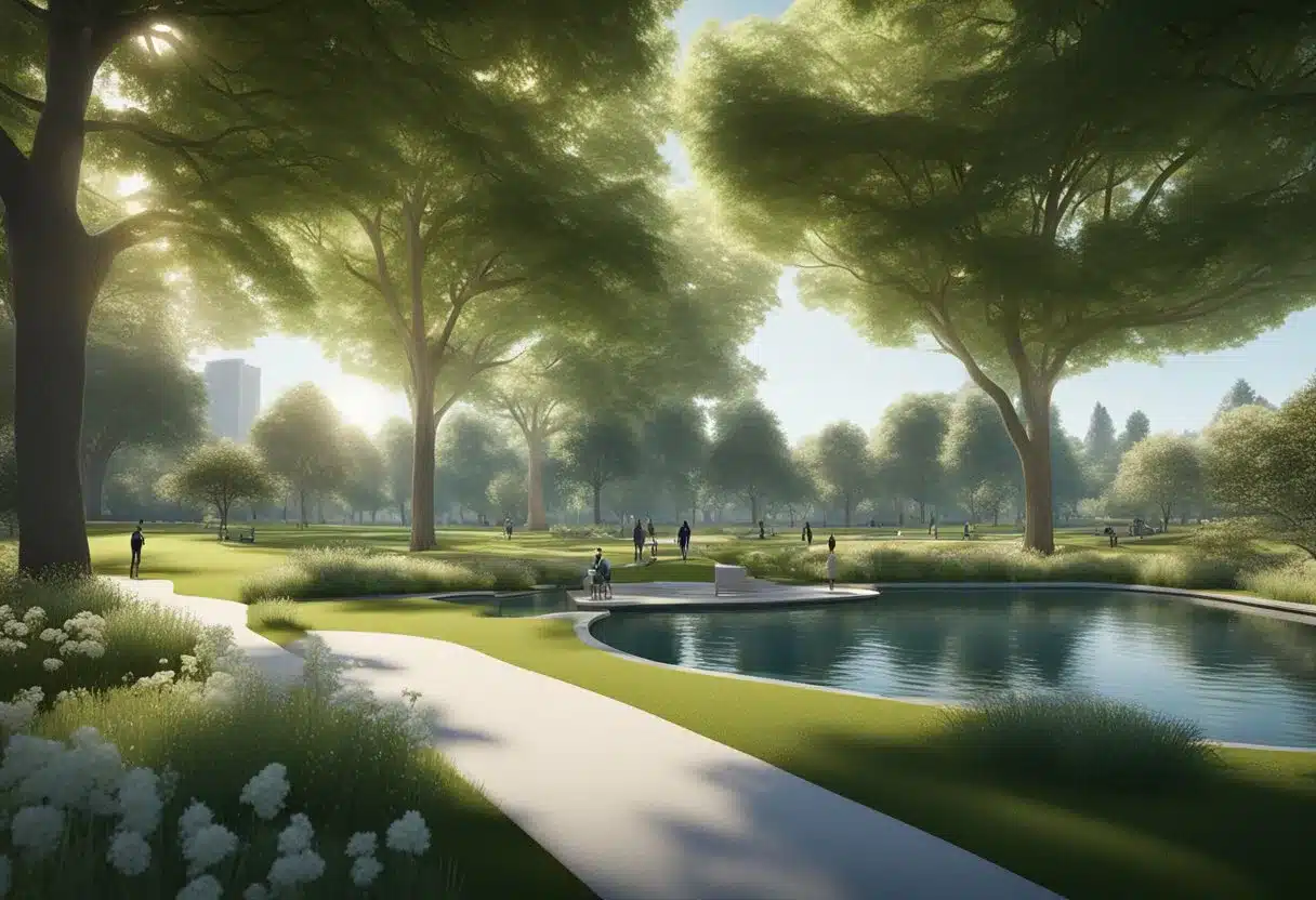 A serene park setting with vibrant greenery, a clear blue sky, and a peaceful pond surrounded by walking paths and exercise stations